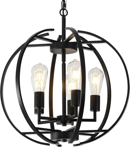 Vista 11 de Lámpara de araña negra con vidrio transparente para comedor, iluminación colgante de granja, lámpara de techo de globo de 4 luces
