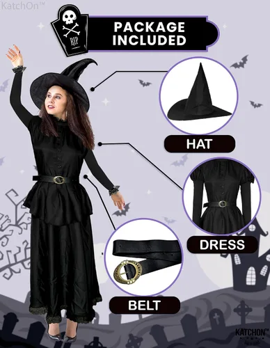 Vista 2 de KatchOn Disfraz de bruja malvada para mujer, disfraz de bruja de Halloween con sombrero