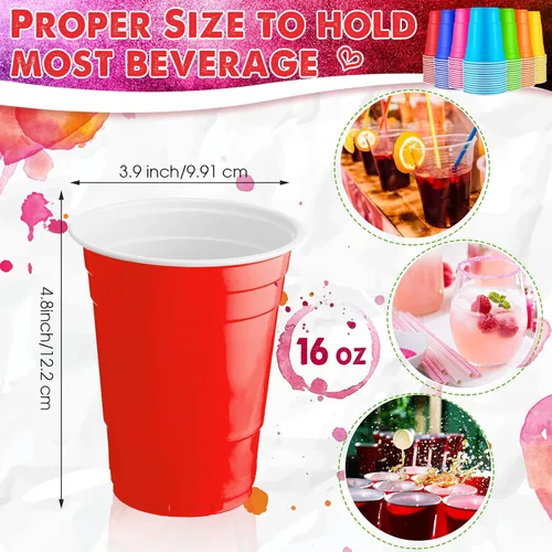 Vista 2 de Xinnun Paquete de 210 vasos de plástico de colores a granel de arco iris desechables de 16 onzas, vasos de plástico multicolor para fiesta, boda