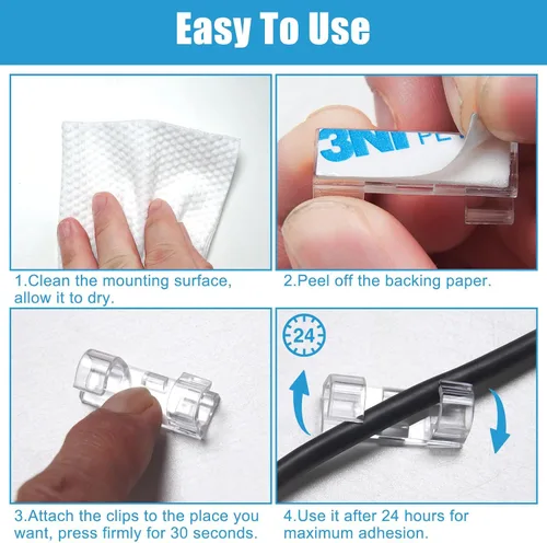 Vista 5 de 40 clips adhesivos fuertes transparentes, soportes de alambre de alta calidad para pared, organizador de cables fuerte debajo del escritorio
