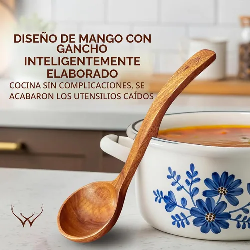 Vista 5 de Prime - Juego de cucharón de madera de teca con soporte para cuchara, cucharón de sopa grande y profundo con mango de gancho para cocinar, servir
