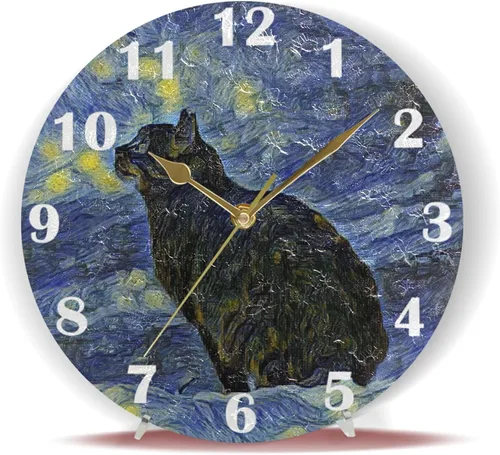 Vista 6 de Pfrewn Lunar Star Cat Van Gogh Reloj de pared silencioso sin tiquear Animal Galaxy Relojes a pilas Reloj de escritorio vintage de 10 pulgadas