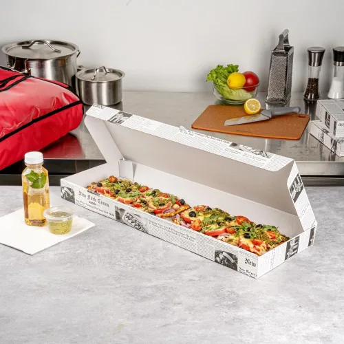 Vista 64 de Restaurantware - Cajas para pizza, 50 unidades, 14 x 7 x 1.5 pulgadas, embalaje de papel de cartón corrugado con bloqueo de pestañas, resistente a