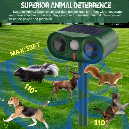Vista 2 de Repelente de gatos para exteriores, para patio, jardín y granja, disuasorio ultrasónico de animales con sensibilidad ajustable, repelente solar