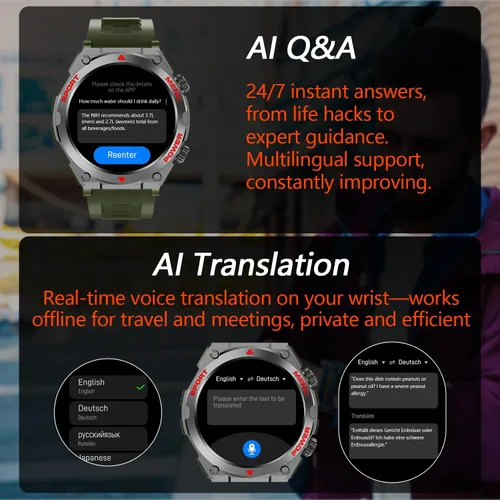 Vista 7 de Reloj inteligente militar para hombre con preguntas y respuestas AI (respuesta/hacer llamadas/respuesta SMS), reloj inteligente HD de 1.52 pulgadas