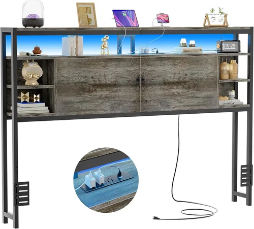Vista 8 de Unikito Cabecera individual con almacenamiento, cabeceros con toma de corriente y luces LED inteligentes, cabecera resistente para cama