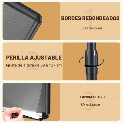 Vista 4 de Soporte de pedestal ajustable para cartel o pizarra de tiza de 8.5 x 11 pulgadas, marco abierto a presión, rotación de 360°, soportes para letreros