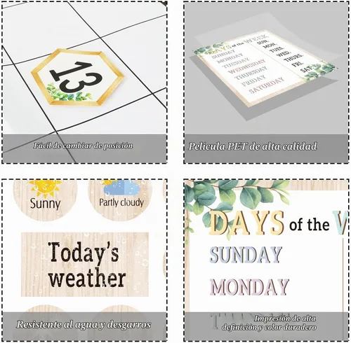 Vista 6 de Juego de tablones de anuncios con calendario de vegetación para el aula, simplemente eucalipto, decoración de aula, calendario, estaciones, tabla