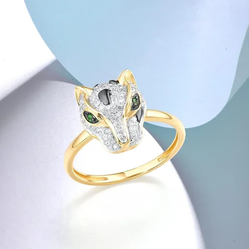 Vista 3 de Santuzza Anillo de oro macizo amarillo de 10 quilates con diamantes y granate verde delicado para mujer