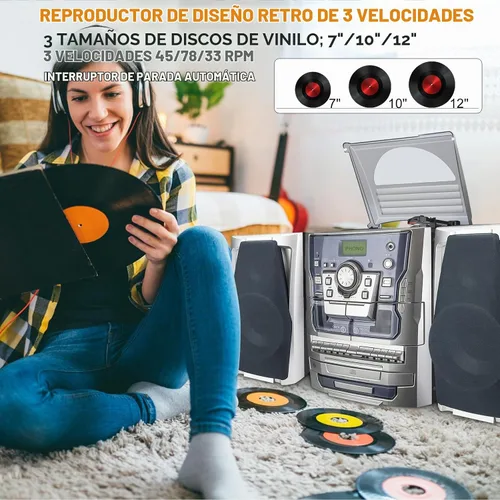 Vista 2 de Reproductor de Discos de Vinilo Estéreo Bluetooth, Sistema de Música Tocadiscos Estéreo de 3 Velocidades con Reproductor de CD, Platina de Cassette
