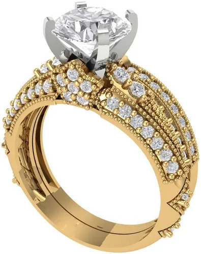Vista 2 de Clara Pucci Anillo de compromiso de zafiro blanco con grabado personalizado de corte redondo de 2.10 quilates, conjunto nupcial de 14 quilates, oro