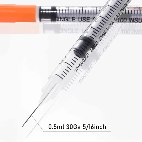 Vista 4 de U-100 - Jeringa de 0.5cc 1.06 oz 5/16" (8mm) con aguja, envuelta individualmente, paquete de 20