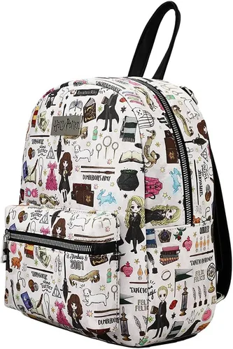Vista 2 de Harry Potter Hogwarts Chibi Personajes e iconos en toda la mochila impresa en blanco