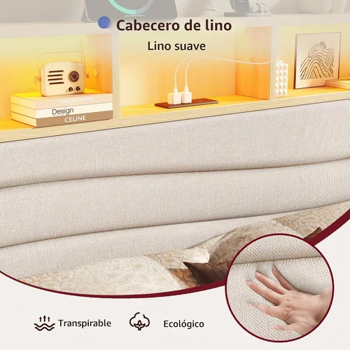 Vista 5 de BRELTAM Base de cama tamaño Queen con 6 cajones de almacenamiento, plataforma tapizada de lino con estación de carga y luces LED, diseño de cabecera