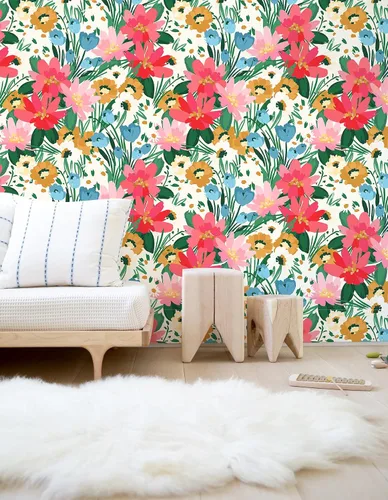 Vista 2 de Papel tapiz floral removible botánico de primavera para baño, papel tapiz botánico para inquilinos botánicos, papel tapiz de contacto de flores