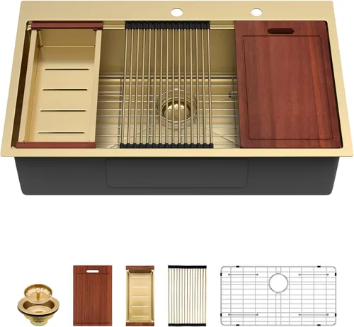 Vista 30 de Sarlai - Fregadero de cocina de cascada de 31 pulgadas, de montaje superior - 31x20 Fregadero de cocina con borde y estación de trabajo, de acero