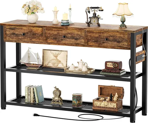 Vista 12 de Ecoprsio Mesa de Entrada con Tomacorrientes y Puertos USB, Mesa Consola con 2 Cajones, Mesa de Sofá Pequeña con Estantes de Almacenamiento para Sala