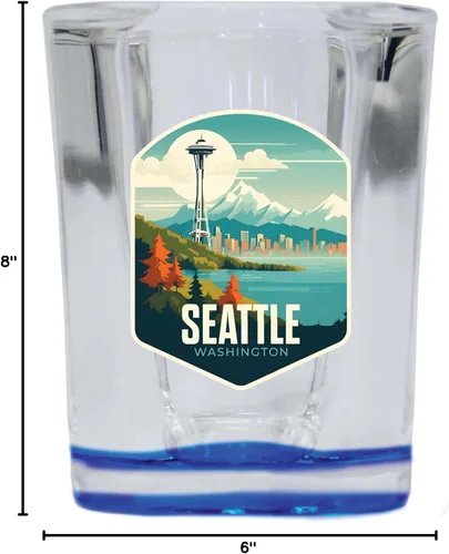 Vista 3 de Seattle Washington Design B Souvenir - Vaso de chupito cuadrado de 2.5 onzas, base azul, paquete de 2