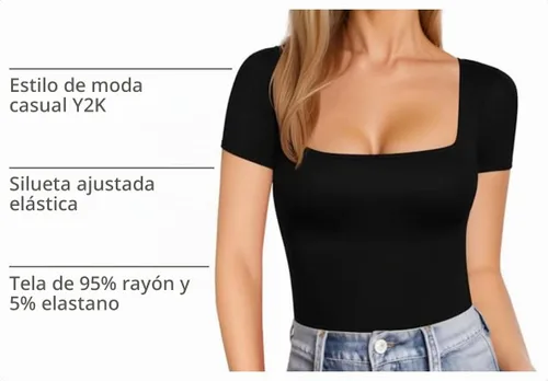Vista 4 de MANGOPOP - Camisetas ajustadas de manga corta y manga larga con cuello cuadrado para mujer A01 Manga Corta Negro
