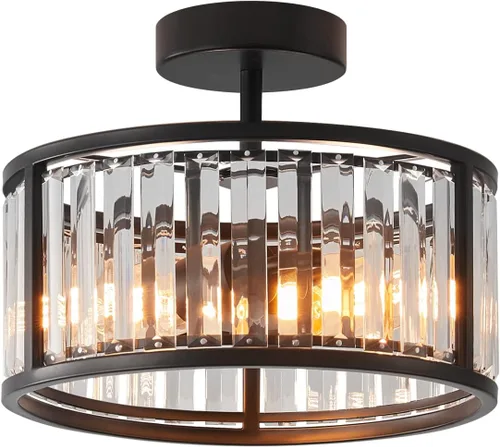 Vista 9 de Lámpara de techo negra empotrada, lámpara de cristal enjaulada de 2 luces, lámpara de pasillo de tambor pequeño, montaje de techo