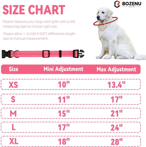 Vista 3 de Collar para perro con hebilla, de nailon transpirable, reflectante, ajustable, para perros pequeños, medianos y grandes, color rosa intenso, grande