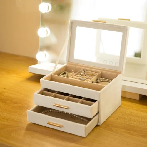 Vista 6 de Organizador de joyas de terciopelo de felpa con 3 cajones cajas de joyería grandes para mujeres con tapa acrílica transparente para almacenamiento