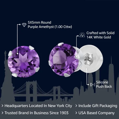 Vista 2 de Gem Stone King Aretes de tuerca de amatista morada de oro blanco de 14 quilates de 1.00 quilates para mujer Piedra natal Redondo de 0.197 in, Oro