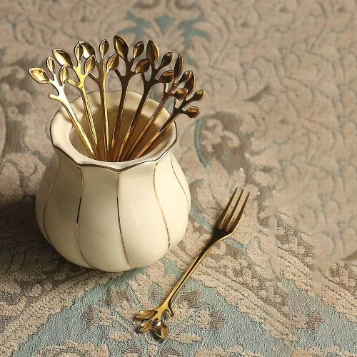 Vista 2 de Gold Leaf - Cuchara de café expreso para aperitivo, tenedor de postre, helado para té, azúcar, tenedor para pastel de frutas, acero inoxidable