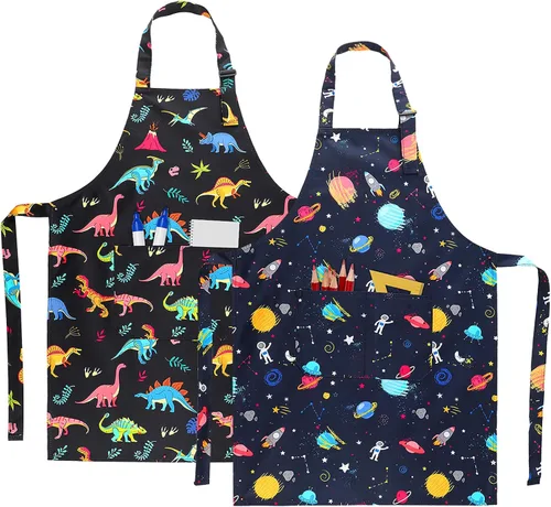 Vista 10 de Paquete de 2 delantales para niños, bonitos delantales de cocina, delantal de arte impermeable con bolsillos, delantal ajustable para pintores