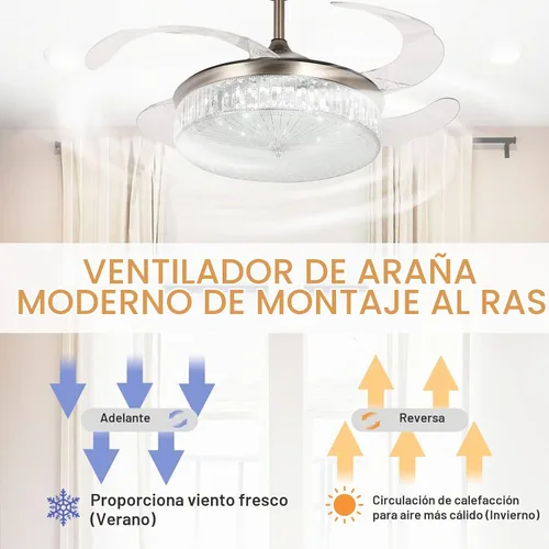 Vista 6 de STERREN Ventilador de techo de cristal de 42 pulgadas con luz, moderno y retráctil de montaje empotrado, de perfil bajo, sin aspas, ventilador
