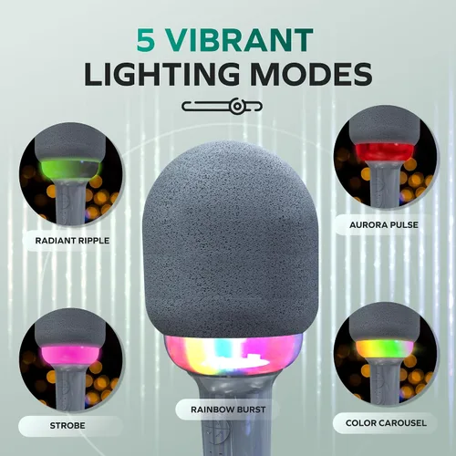 Vista 3 de Coby Micrófono LED para karaoke, micrófono inalámbrico con 5 modos de luz y 4 modos de cambio de voz, altavoz Bluetooth compatible con smartphone