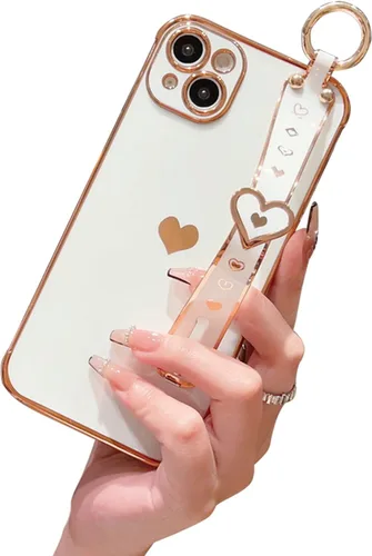 Vista 13 de Lindo corazón de amor para niñas mujeres lujo chapado borde parachoques suave TPU a prueba de golpes caso con soporte de pulsera para iPhone Negro