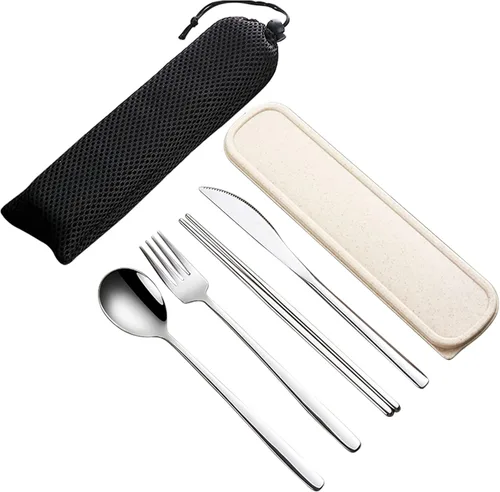 Vista 10 de VANRA Juego de utensilios de viaje portátiles de 3 piezas con estuche, juego de cubiertos de acero inoxidable 18/8, juego de cubiertos reutilizables