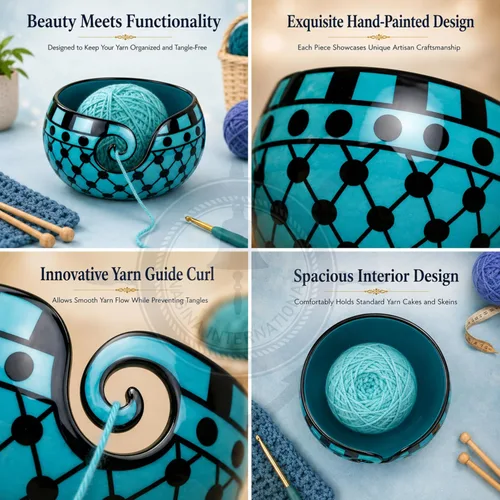 Vista 3 de Nagina International - Tazón de cerámica pintado a mano con hermoso diseño de gres con innovadora espiral para dispensar Accesorios para tejer