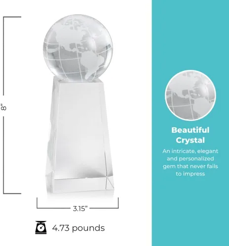 Vista 4 de Trofeo grabado – Cristal ejecutivo – Globo señorial en base rectangular – Viene en caja de regalo – Premio para empleados Globe Tower