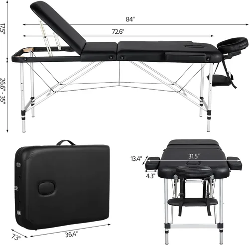 Vista 3 de Yaheetech Mesa de masaje plegable de aluminio con taburete rodante, cama de masaje portátil, taburete de cama de spa, silla giratoria ajustable