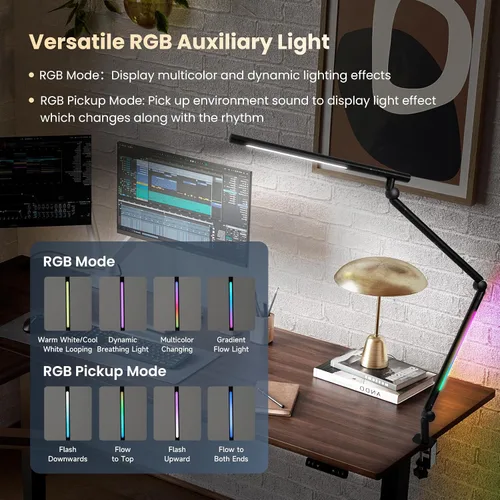 Vista 6 de Lámpara de escritorio LED con abrazadera, luz de escritorio de arquitecto de doble luz de 18 W, interruptor de sensor de luz RGB con brazo oscilante