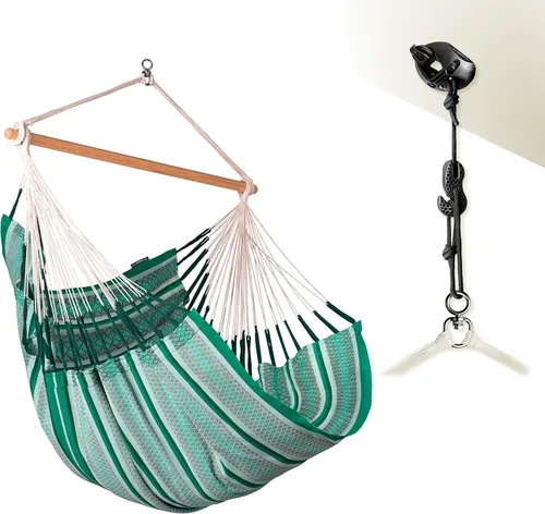 Vista 16 de LA SIESTA® - Silla Hamaca Grande y Cómoda de Algodón Habana & CasaMount - Silla Colgante con Kit de Suspensión para Paredes, Techos y Vigas Café