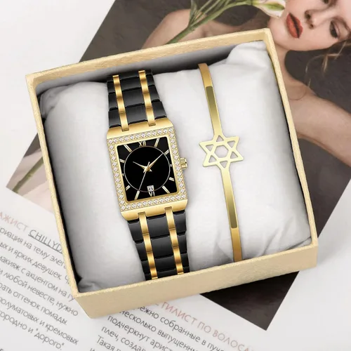 Vista 4 de CARLIEN Relojes de pulsera de acero inoxidable de lujo para mujer, bisel de diamantes, cuadrado, impermeable, calendario, analógico, reloj
