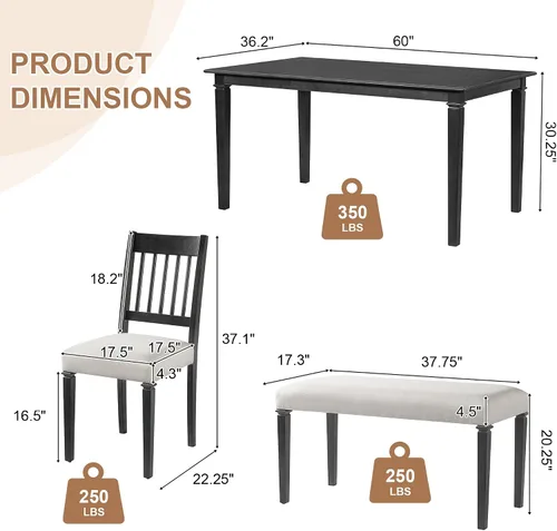 Vista 7 de Juego de comedor retro de 6 piezas, mesa rectangular de madera y 4 sillas con banco para cocina y comedor, color gris cola de milano Cola de milano