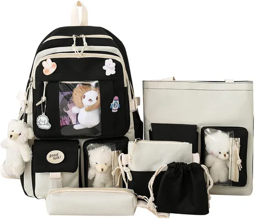 Vista 10 de Mochila escolar estética kawaii, juego de 5 piezas con bonitos pines colgantes de oso, mochila pequeña para laptop, kit esencial Verde