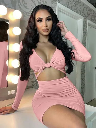 Vista 2 de XXTAXN - Vestido corto sexy para mujer con cuello en V profundo y manga larga