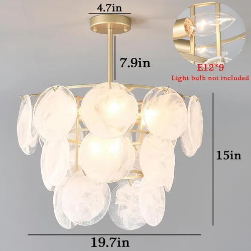 Vista 6 de Candelabros dorados modernos de cristal semiempotrados para techo para comedor, lámpara redonda de cristal de 19.7 pulgadas, lámpara colgante