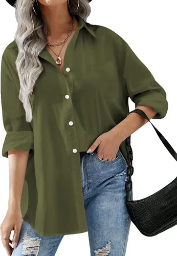Vista 13 de HOTOUCH Camisas de gran tamaño con botones para mujer, blusa de hombro caída para oficina, de manga larga, estilo novio, camisa de vestir