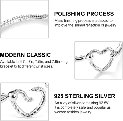 Vista 7 de Parmuz Charm Bracelet For Woman 925 Sterling Silver Basic heart clasp Iconic Moments Snake Chain Bracelet Gift for Teen Girls Men Mother Daughter