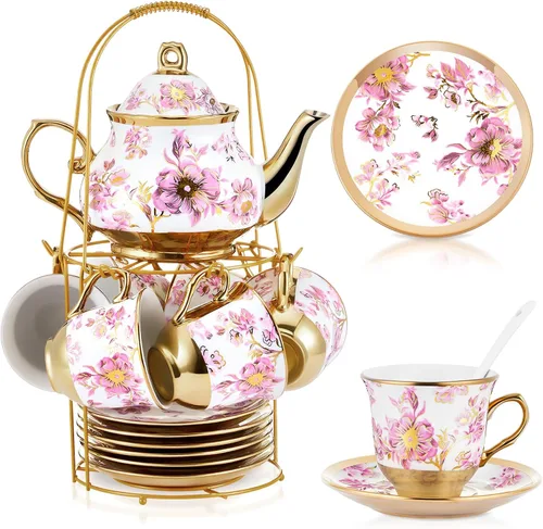Vista 14 de Zhehao Juego de té de porcelana de 20 piezas con soporte de metal y cuchara para adultos, juego de té de cerámica para adultos, pintura de flores