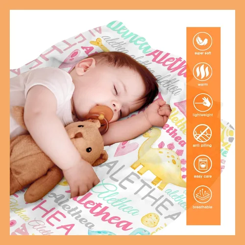 Vista 9 de Manta personalizada con nombre de bebé, dinosaurios, regalo para bebés y niñas, manta de franela suave para recién nacidos, manta cómoda y acogedora