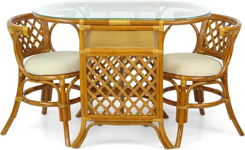 Vista 2 de Borneo - Juego de mesa de comedor compacto con tapa de cristal + 2 sillas, muebles coloniales hechos a mano de mimbre natural