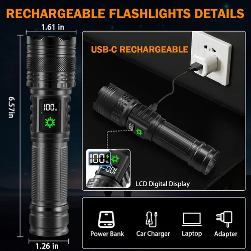 Vista 3 de Paquete de 3 linternas recargables de alto lúmenes 9900FL, linterna LED recargable con pantalla digital LCD, 5 modos de luz de flash ajustable