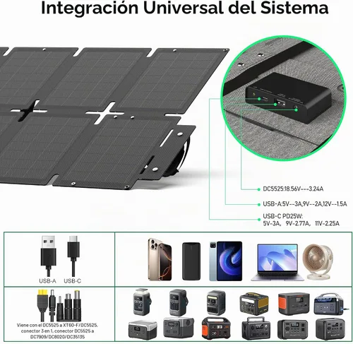 Vista 2 de EcoGreen Panel solar portátil de 60W para acampar, RV, central eléctrica plegable 60 watt Monocrystalline 24.8% High Efficiency foldable Solar